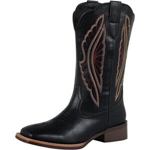 SheSole Western Boots Women Black Tan Faux Leather Square Toe Wide Mid Calf